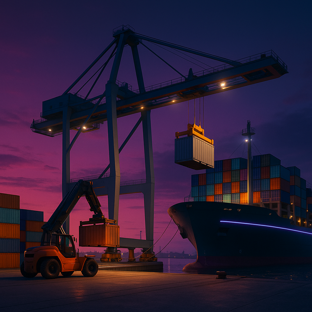 Shipping port at sunset